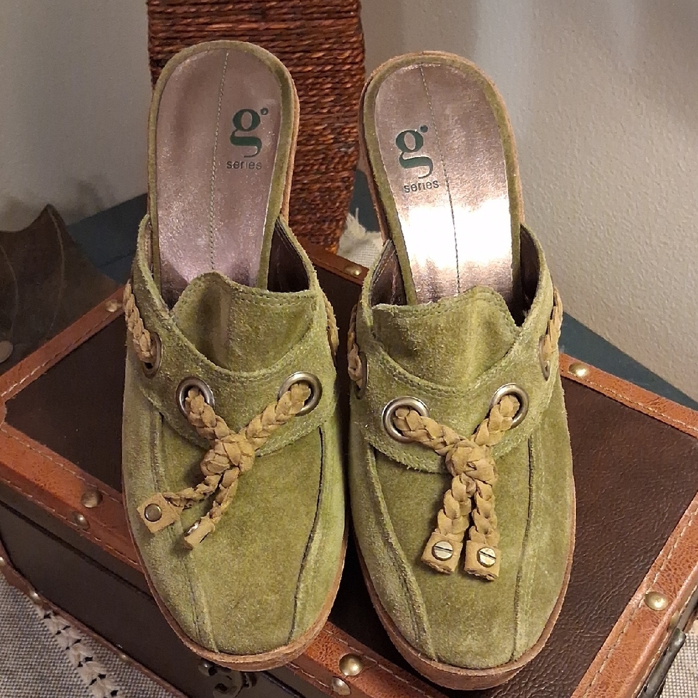 Olive Green Suede Mules for Women